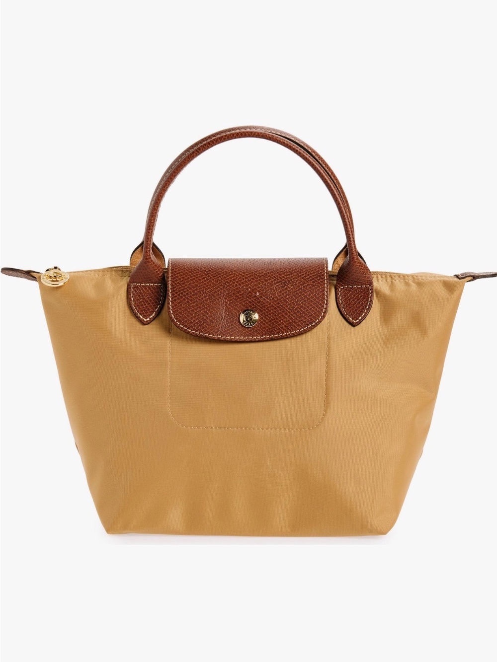 Longchamp Le Pilage Small Tote in Fawn with Brown Leather Trim